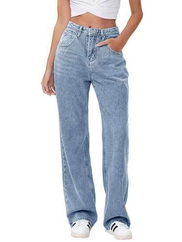 HDLTE Baggy Stretchy Jeans for Women High Waisted Trendy Wide Leg Jeans Boyfriend Denim Pants with Patch Pockets(Light Blue,Large) - Image 1