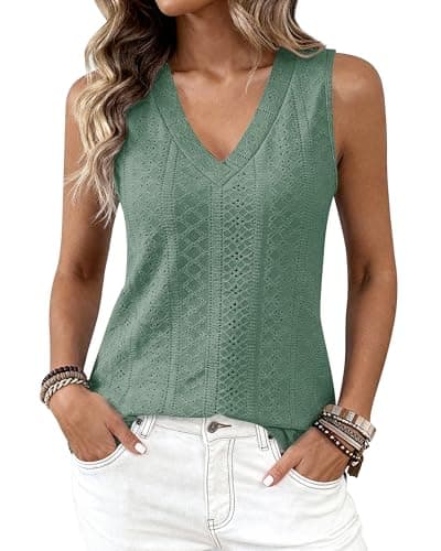 BTFBM Womens Tank Tops 2026 Summer Eyelet Crossed V Neck Sleeveless Casual Loose Fit Basic Spring Top Vacation Outfits(Sage Green, XX-Large) - Thumbnail 3