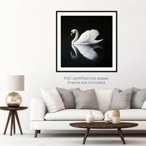 Moonow7 Elegant Wall Art Prints, Black and White Swan Gliding on Water for Wall Decor in Living Room, Bedroom, Entryway Shelf, Dressing Room, or Office, Unframed Size 12x12” / 30x30 cm - Thumbnail 3