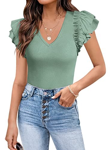 DOROSE Womens Tops Summer Cute Top Trendy 2025 V Neck Blouses Light Green S - Image 1