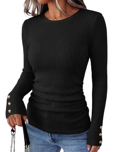 ANRABESS Womens Long Sleeve Shirts Slim Fitted Tops Black Medium
