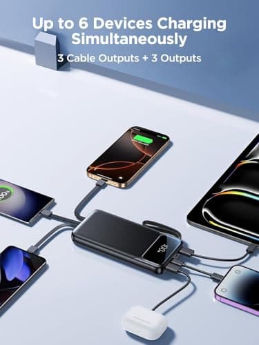 Power Bank, Portable Charger with Built in Cable 22.5W Fast Charging Battery Pack 10000mAh Slim 6 Outputs 3 Inputs LED Display Phone Charger for iPhone Samsung Pixel Moto iPad Travel Essential Gift - Thumbnail 4