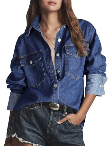Skirt BL Women Denim Shirts Oversized Button Down Jean Shirt Casual Long Sleeve Shackets Top Trendy 2025 - Image 1