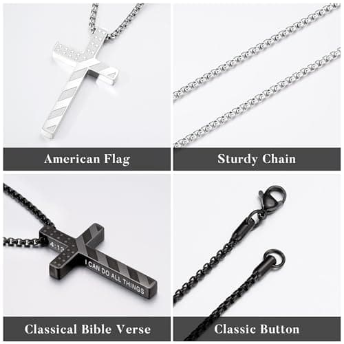 M MOOHAM Cross Necklace for Men - Silver Black Stainless Steel Bible Verse Cross Chain Pendant Necklaces for Men American Flag Religious Christian First Communion Jewelry Gifts 22 Inches - Thumbnail 6