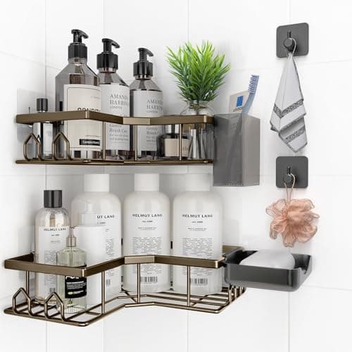 QHMCHLDZ Adhesive Shower Caddy, 6 Pack Corner Bath Organizer, Rustproof Stainless Steel Shower Shelves with Large Capacity, No Drilling Shelves for Bathroom Storage, Home, Kitchen Decor (Brown).