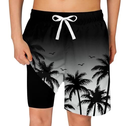 Cozople Boys Swim Trunks Size 10-12 Funny Black White Palm Graphic Compression Bathing Suit Swimwear Summer Quick Dry Boxer Brief Liner Beach Board Shorts for Casual Homewear Swimsuit - Image 1