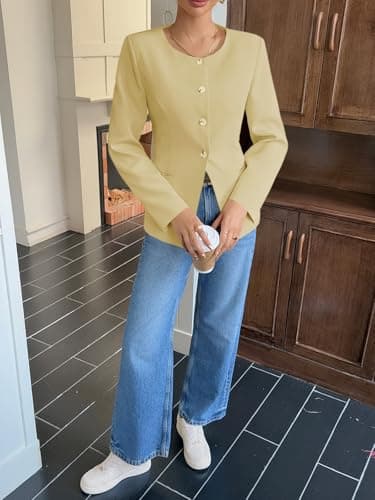 Cicy Bell Womens Business Casual Fitted Blazers Collarless Split Hem Work Office Button Down Suit Jackets Yellow - Thumbnail 4
