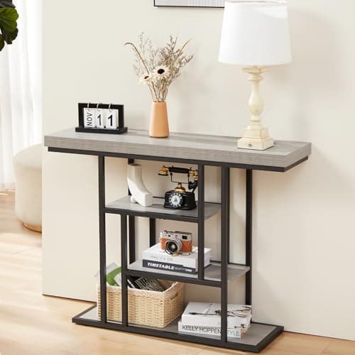 HABUTWAY 42" Industrial Console Table, Narrow 4-Tier Wood Entryway Table for Living Room, Accent Tables Living Room, Hallway Table, Sofa Table for Front Door, Hallway, Foyer, Rustic Grey - Thumbnail 5