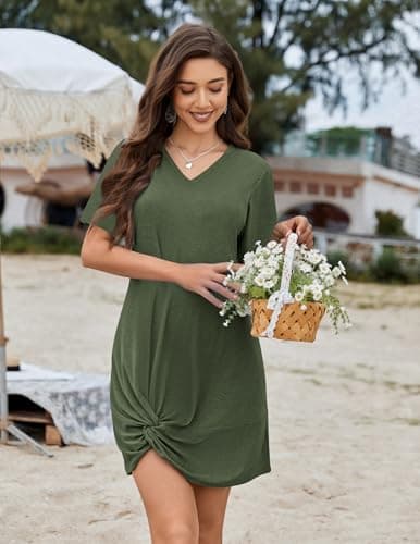 AI'MAGE Women's Bathing Suit Cover Up Short Sleeve Swimsuit Coverup V Neck Bikini Beachwear Twisted Mini Dress(Army Green, Large) - Thumbnail 2