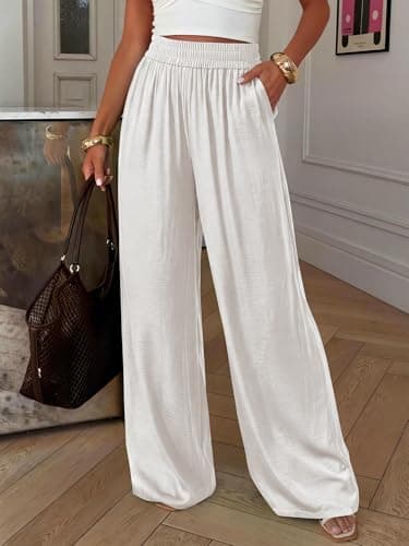 BTFBM Wide Leg Pants Woman Summer 2026 Pockets Dressy Flowy Lightweight Glitter Satin Palazzo Beach Vacation Clothes(White, XX-Large) - Thumbnail 2