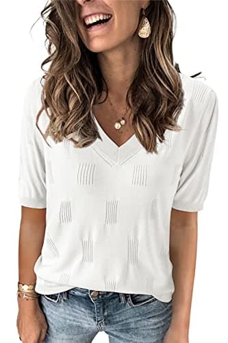 Arach&Cloz Women's Summer Fall Tops 2025 Short Sleeve Plus Size Lightweight Sweaters V Neck Trendy Fashion Knit Clothes Clothing Dressy Cute Casual Outfits Business Work Blouse Beige Off White S - Image 1