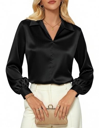Satin Tops for Women Business Casual Shirts Long Sleeve Work Blouses Elegant Office Dress Shirts Black XL - Image 1