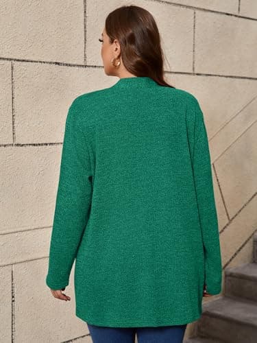 AusLook Women's Plus Size Lightweight Open Front Cardigan Grass Green 1X Causal Long Sleeve Cover Ups Jacket Shrugs Tops Shawls and Wraps Kimono - Thumbnail 2