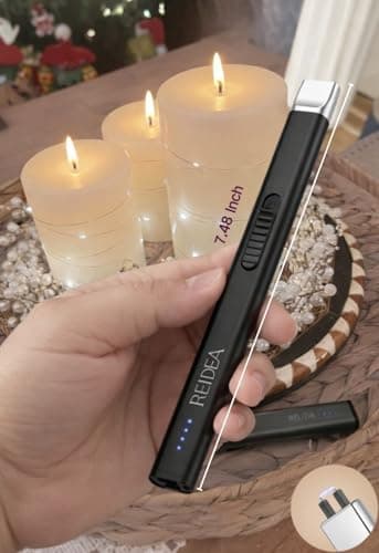 REIDEA Electric Lighter Gift for Candle Lovers, Windproof Flameless USB Rechargeable Arc Retractable Lighter with Safe Button and Power Indicator for Candle, BBQ and Fireworks, R1 Flat, Obsidian Black - Thumbnail 2