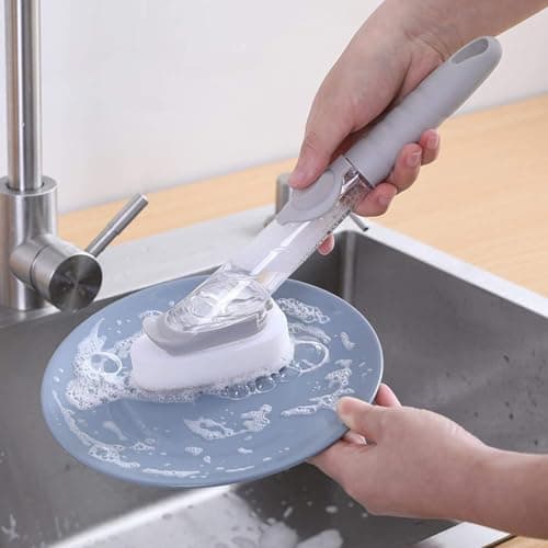 5-in-1 Soap Dispensing Dish Wand Kit | All-in-One Kitchen Cleaning Tool, Scrub Brush and Sponge Set with Soap Dispenser | Includes 2 Brushes, 2 Sponges, for Cleaning Dishes, Cookware, Utensils & Pots - Thumbnail 3