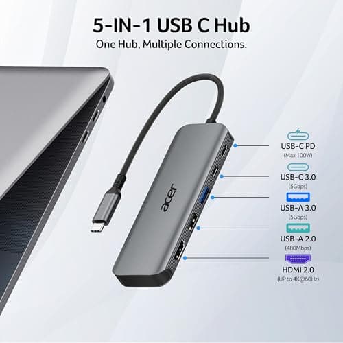 Acer USB C Hub, 5-in-1 USBC to HDMI Adapter with 4K@60Hz, 100W Power Delivery, USB-C 5Gbps & USB-A 3.0 Data Ports, USBC Splitter Docking Station for MacBook Neo/Pro/Air, iPad Pro, iPhone 17 Pro Max - Thumbnail 2