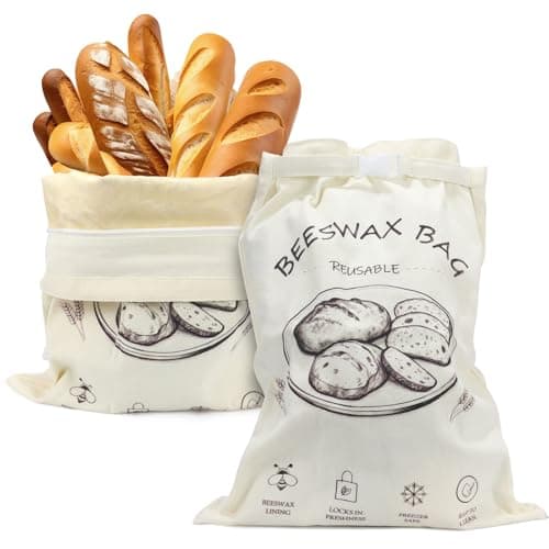 Beeswax Bread Bag 2 Pack, Reusable Organic Cotton Bread Storage Bags for Sourdough & Homemade Bread, 17x13 Inch Large Capacity, Eco-Friendly, Keep Fresh, Locks in Moisture, Lock Closure, Easy to Clean