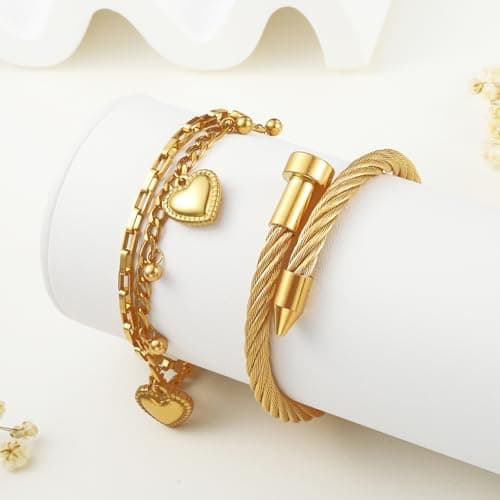 LCTrusttmor Gahna Heart Charms Bracelets for Women, Stackable 18K Gold Plated Heart Charm with Adjustable Layered Link Chain Set Dainty Jewelry Gifts - Thumbnail 5