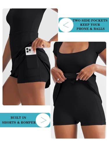 Dokuritu Womens Tennis Dress Short Sleeve Square Neck Golf Dress Sexy Side Slit 2024 Summer Active Exercise Athletic Dresses with Built in Shorts & Bra Black - Thumbnail 5