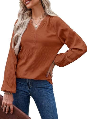 Dokotoo Womens T Shirts Casual Long Sleeve Tops 2026 Fashion Spring Outfits Loose Fit Basic V Neck Business Tshirts Textured Brown Top Blouse X-Large - Image 1