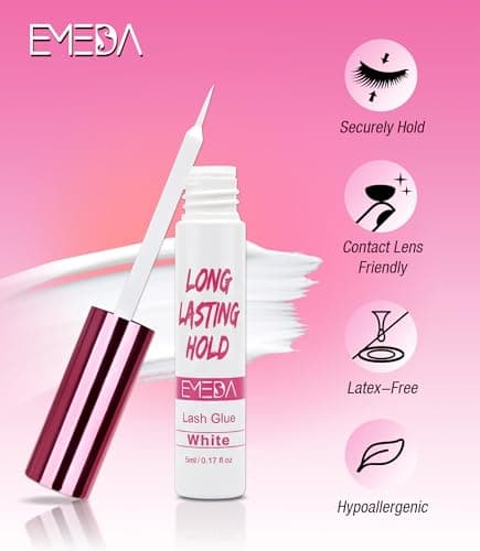 EMEDA 5 Day Strong Hold Lash Glue, Hypoallergenic Waterproof Eyelash Adhesive for Strip Lashes & Lash Clusters, Quick Dry Gentle Formula, Long Lasting Lash Glue with Precision Brush Applicator (White) - Thumbnail 2