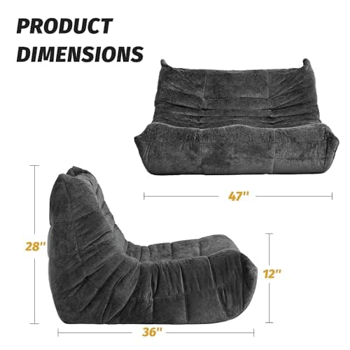 Homguava Bean Bag Chair, Giant Beanbag Chairs for Adults, Memory Foam Fireside Chair, Large Lazy Floor Sofa, Sofa Couch with High-Rebound Foam, Lounge Chair for Living Room, Bedroom (Grey, Loveseat) - Thumbnail 2