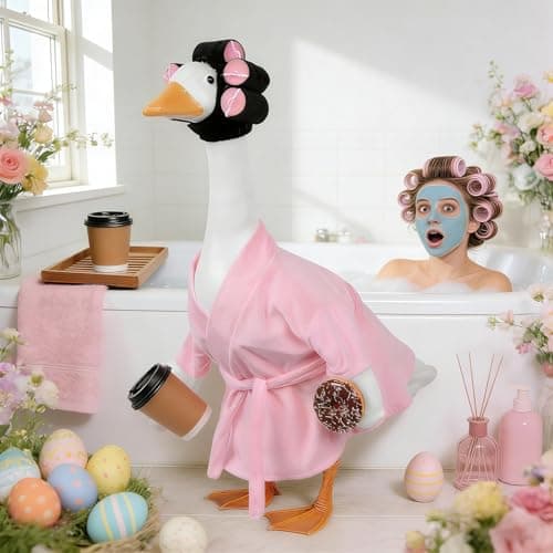 yuboo 23 Inch Pink Lady Porch Goose Outfits, Bathrobe Porch Goose Statue Costume with Cute Curlers and Coffee Cup, Funny Summer Lawn Yard Garden Patio Decor, Cute Goose Clothes Cement - Thumbnail 3