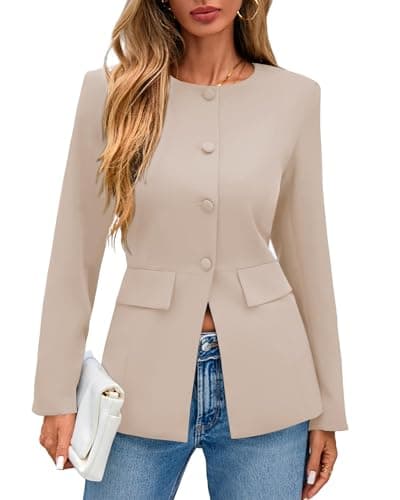 Lazysmile Blazers for Women Long Sleeve Crewneck Button Down Suit Jackets Work Office Business Casual Outfits with Pockets Khaki