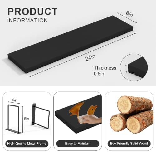 EALLRINEC Floating Shelves, 24 Inches Easy to Install Wall Mounted Shelves, Set of 3, Rustic Wood Shelves for Wall Decor, Storage Shelves for Living Room (Black) - Thumbnail 3