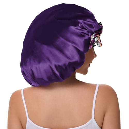 Vettres Silk Bonnet for Sleeping Straight Hair Satin Turban Hair Cover for Sleeping Silk Bonnet with Tie Purple Flower - Thumbnail 3