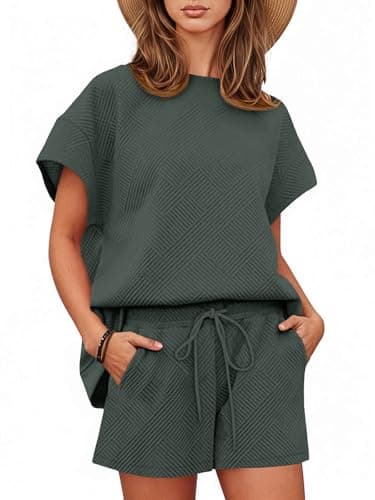 Tankaneo Womens 2 Piece Short Sets Outfits Summer Matching Lounge Set Casual Short Sleeve Tops and Shorts Pajama Set with Pockets Dark Grey - Image 1