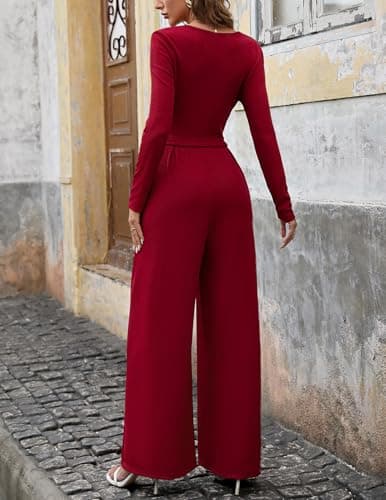 LOOKBOHO Womens Jumpsuit Dressy Square Neck Long Sleeve Belted Wide Leg Romper One Piece Casual Spring Outfits Wine Red XL - Thumbnail 3