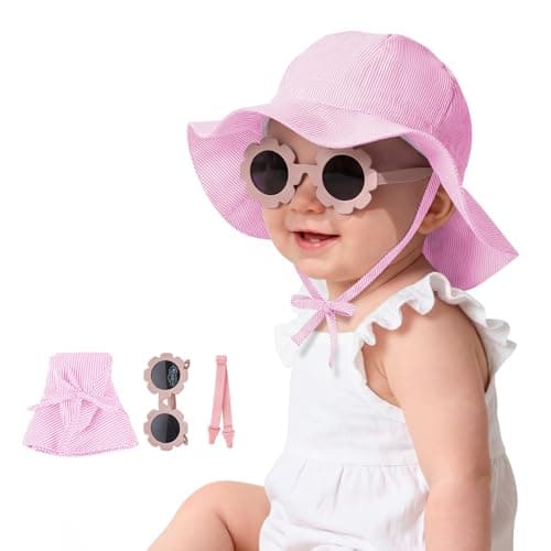 Durio UPF50+ Baby Sun Hat and Sunglasses - Sun Protection Hat for Boy Girl, Wide Brim Summer Beach Hats for Newborn Toddler Pink 3-6 Months - Image 1