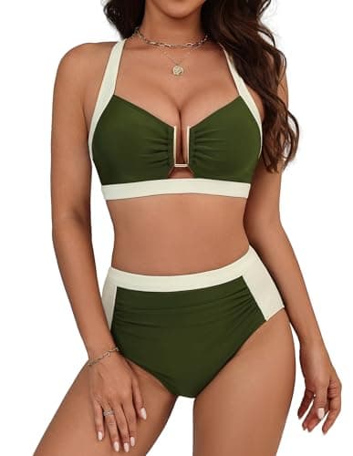 Hanna Nikole Women's 2 Piece Swimsuits Metal High Waisted Bikini Bottom Full Coverage Bathing Suit Girls Vacation Swimwear (Green, S) - Image 1