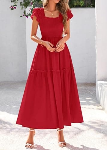 KIRUNDO Smocked Summer Dresses for Women 2026 Wedding Guest Midi Flowy Ruffle Short Sleeve Square Neck Tiered Sundress(Red, XX-Large) - Thumbnail 6