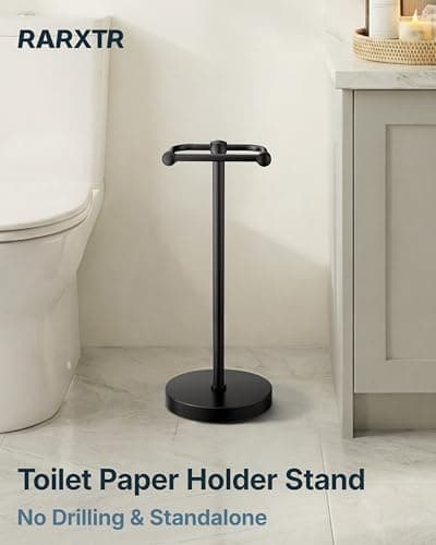 RARXTR Toilet Paper Holder Stand, Modern Bathroom Free Standing Toilet Paper Roll Holder, Stainless Steel Tissue Rack, Rust-Proof & Heavy Stable Base (Matte Black) - Thumbnail 2