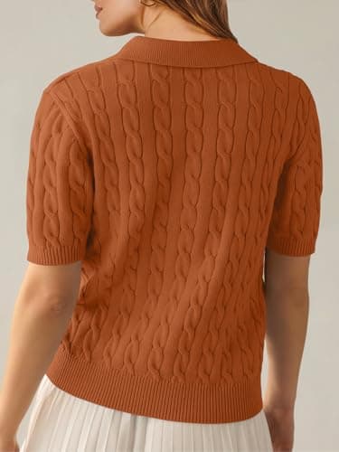 ANRABESS Women's Short Sleeve Sweaters Tops Polo V Neck Cable Knit Casual Soft Pullover Shirts 2026 Summer Outfits Rust Small - Thumbnail 4