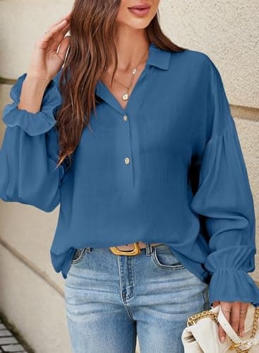 Astylish Women's Dressy Casual Blouses Business Work Spring Summer Tops Beach Fashion Long Puff Sleeve V Neck Button-Down Flowy Oversized Linen Shirts Dirty Blue Medium - Thumbnail 3