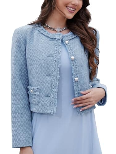 M.Infisavo Tweed Blazer Jackets for Women Fall Winter Long Sleeve Elegant Work Business Casual Cropped Jacket Light Blue XL - Image 1