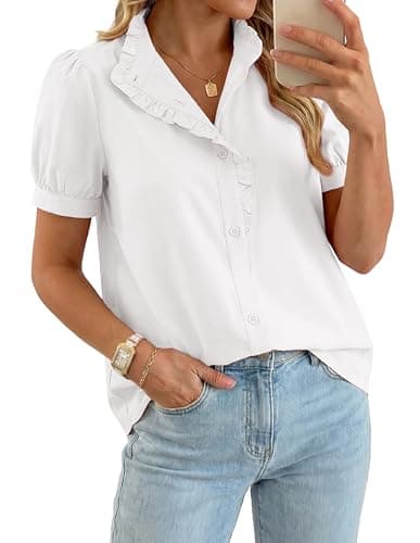 GRACE KARIN Women's 2026 Summer Short Sleeve Tops, Dressy Casual V Neck Blouses, Trendy Button Down Shirts Work Office White XL - Image 1