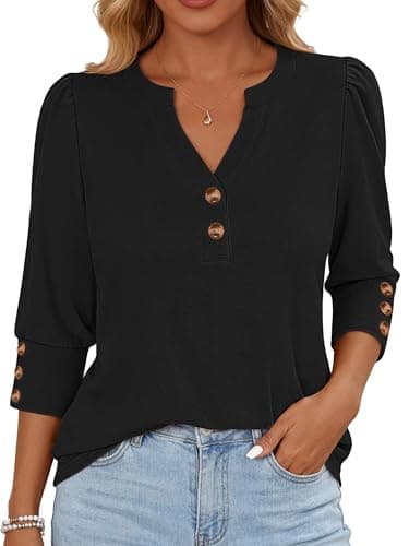 ANRABESS Womens Tops 3/4 Sleeve Casual Henley Shirts V Neck Buttons Dressy Work Business Blouses 2026 Spring Trendy Clothes Black Medium - Image 1