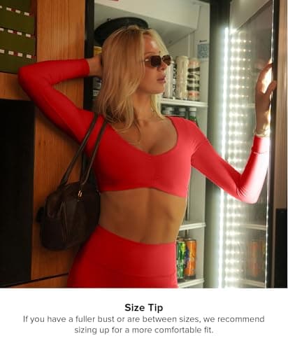 BRXL Red Crop Tops for Women Long Sleeve Workout Gym Athletic Tops Built in Bra Deep V Neck Ruched Padded Dance Sexy Shirts - Thumbnail 2