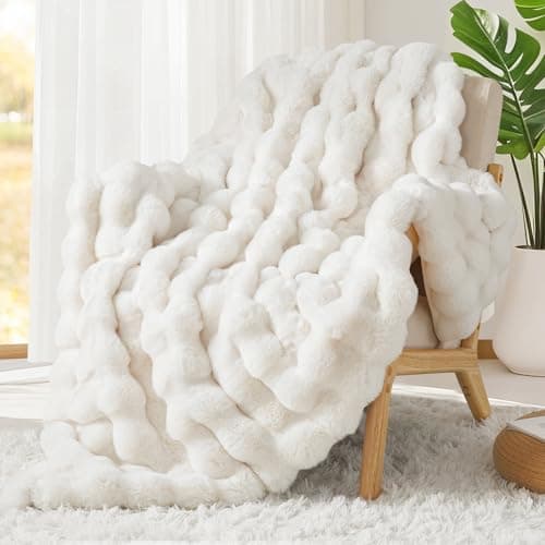 Touchat Luxury 1000GSM Faux Rabbit Fur Throw Blanket, Super Heavy Warm Cozy Blankets for Couch Bed Sofa, Bubble Plush Fuzzy Elegant Soft Reversible Mink Blanket for Living Room Bedroom, Cream White - Thumbnail 3