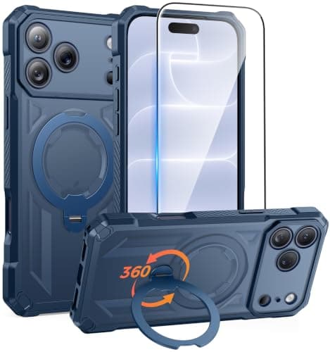 FNTCASE for iPhone 17 Pro-Max Case: [360 Spin Magnetic Ring Kickstand] [Compatible for MagSafe] [Screen Protector] Heavy Duty Military Grade Protective Phone Case with Stand Translucent Blue