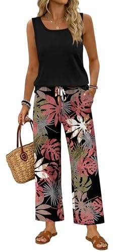 WIHOLL Lounge Sets for Women Summer 2 Piece Outfits Travel Beach Vacation Trendy Matching Sets Women's Clothing Cruise Outfits 2026 Workout Sets Pants Sweat Set Going Out Active TrackSuit Pink Leaf XL - Image 1