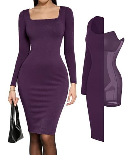 Popilush Plus Size Dresses Long Sleeve Cocktail Purple Square Neck Midi Dress Shapewear Tummy Control Bodycon Dress Party Evening Built in Bra - Image 1