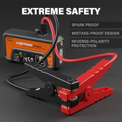 LOKITHOR JP400 Jump Starter with Air Compressor, 2500A 12V Portable Car Battery Booster Pack (8.5L Gas/6.5L Diesel) with ConnectMax Tech, 150PSI Tire Inflator, Auto-Shutoff & Dynamic Dwell (Orange) - Thumbnail 6