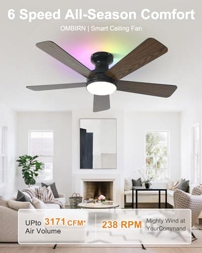 Ombrin 42 Inch Ceiling Fans with Lights, Smart Ceiling Fan with Alexa Google App, Black Ceiling Fan with RGB Lights Remote, 6 Speeds Reversible DC Motor, Modern Flush Mount for Bedroom Living Room - Thumbnail 5