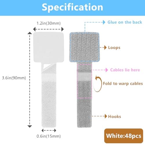 Desk Cable Management, Wire Organizers for Cords - Grey and White 48 PCS Sticky Back Self Adhesive Cable Ties, Hook and Loop Straps for Home or Office Use - Thumbnail 3
