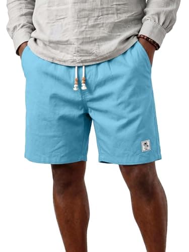 JEMLDL Mens Light Blue Linen Shorts Elastic Waist Drawstring Cotton Linen Casual Vacation Summer Beach Shorts XX-Large - Image 1